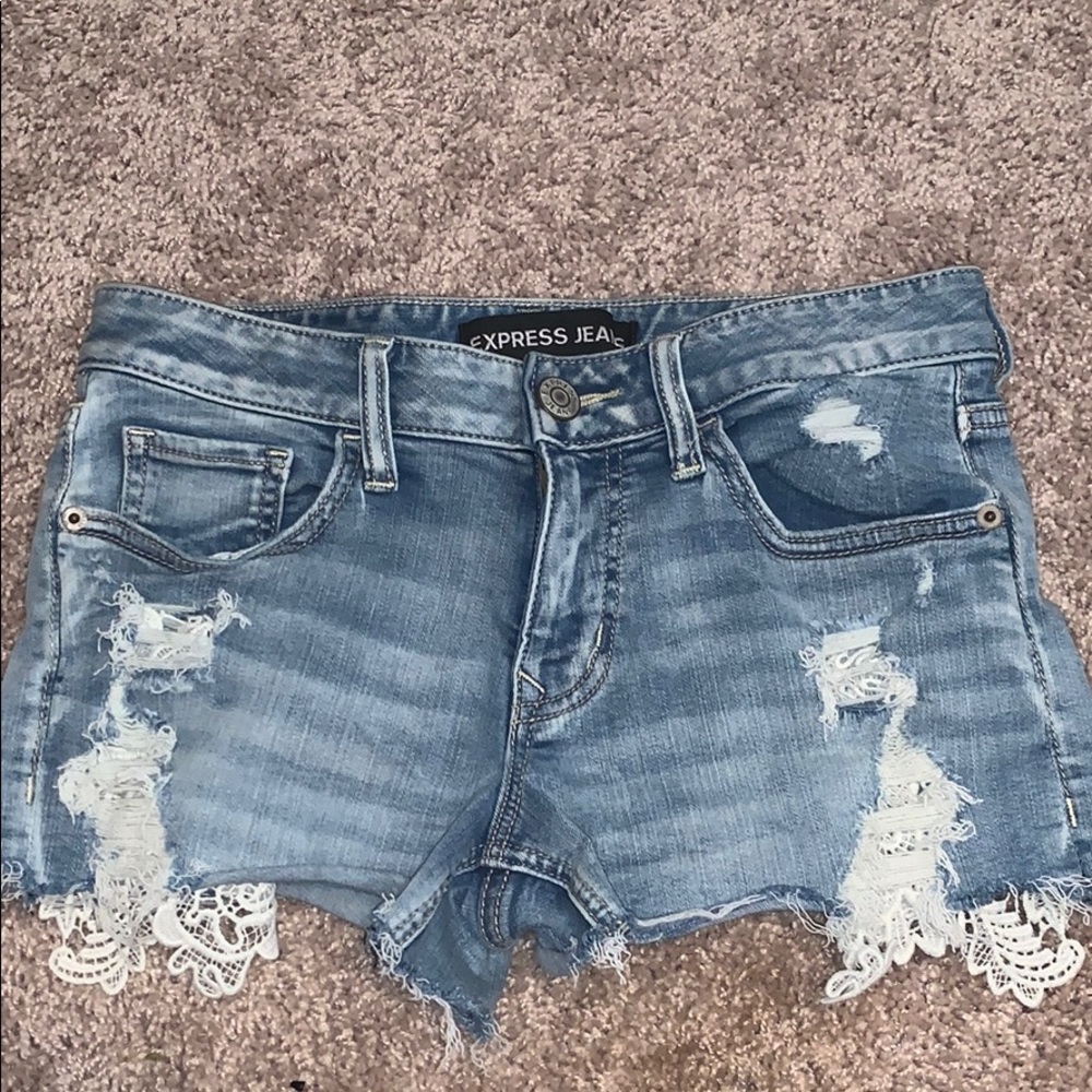 Express denim shorts with lace accent